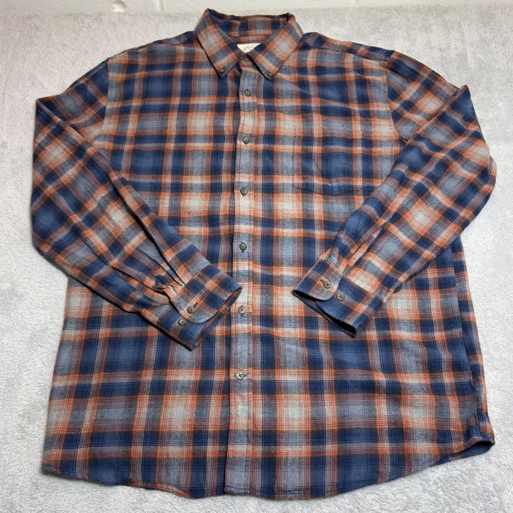 St John's Bay Flannel Shirt Mens XL Blue Orange Plaid 100& Cotton Button Down